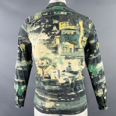 PRADA FW17 Size S Green Multi Color Landscape Print Cotton Button Up Long Sleeve Shirt