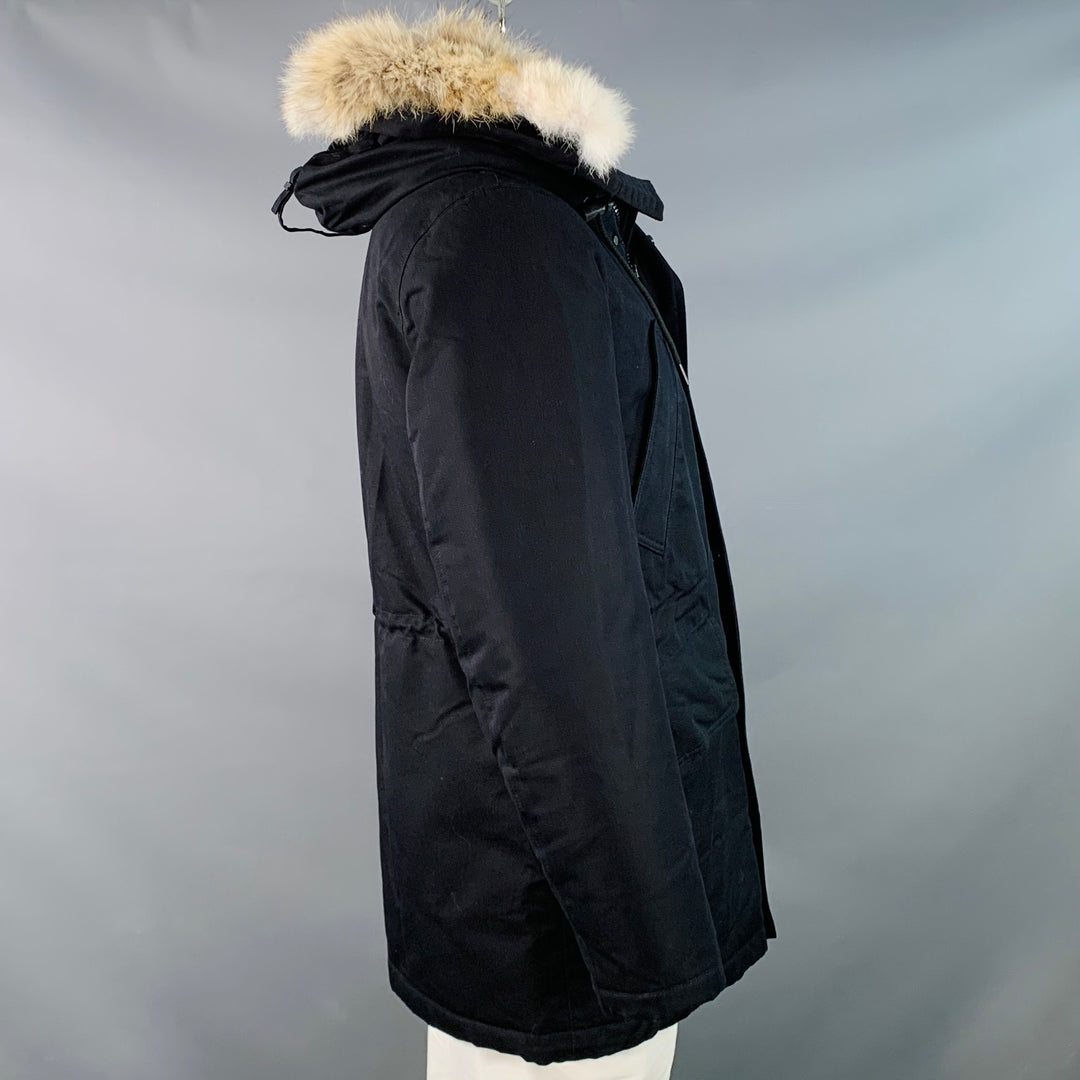 SANDRO Size L Black Beige Cotton Blend Fur Collar Zip Snaps Coat