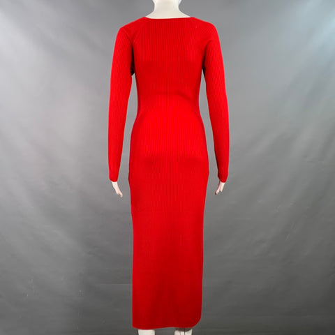 FROM FUTURE Size S Red Merino Wool Rib Knit Sweetheart Long Sleeve Midi Dress