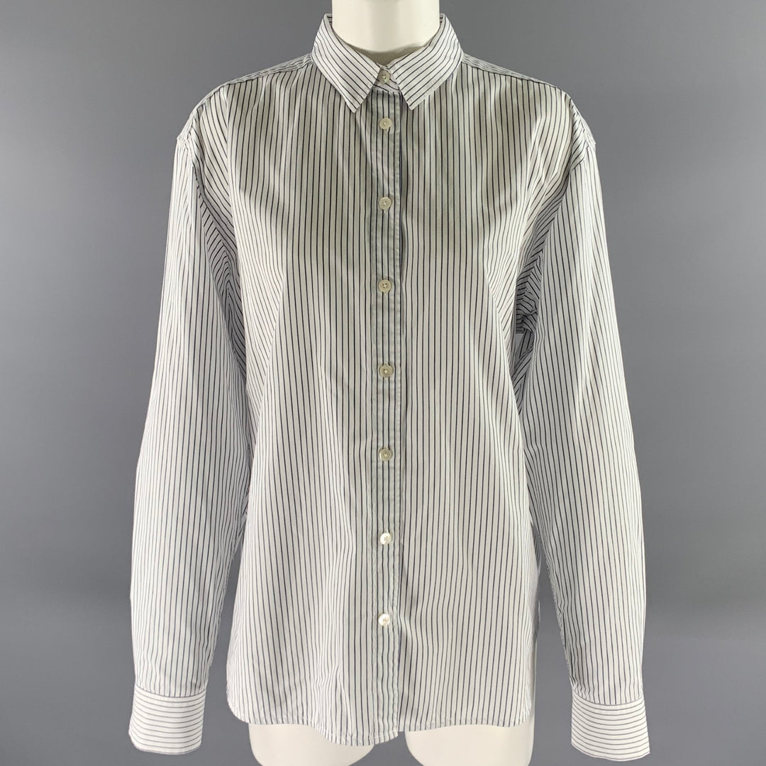 TOTEME Size 10 White Navy Cotton Blend Pinstripe Shirt