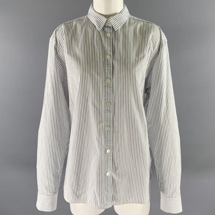 TOTEME Size 10 White Navy Cotton Blend Pinstripe Shirt