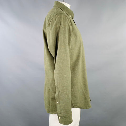 TAYLOR STITCH Size 44 The Jack Green Textured Cotton Wool One Pocket Long Sleeve Shirt
