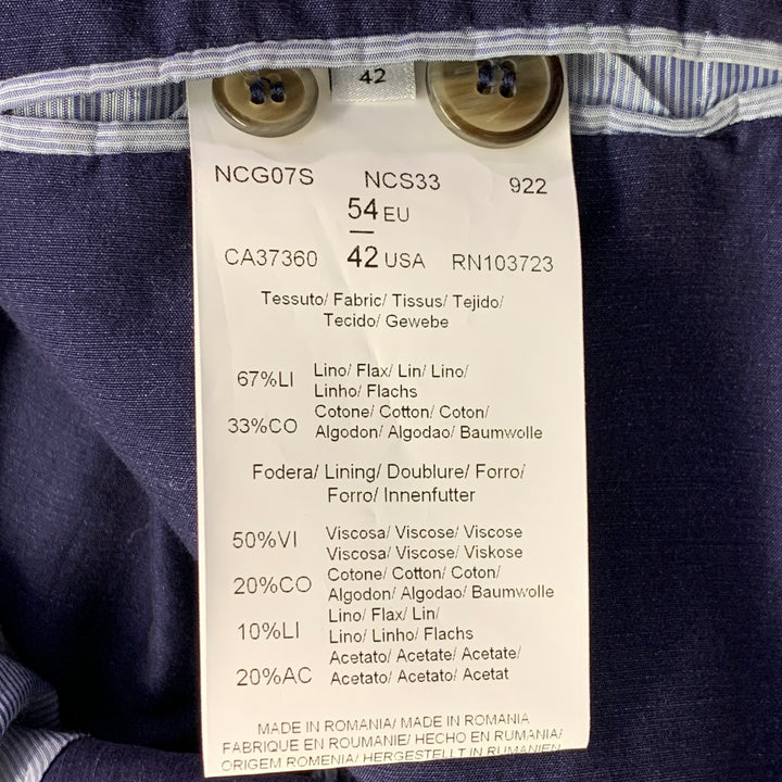 ARMANI COLLEZIONI Size 42 Navy Linen Cotton Notch Lapel Sport Coat
