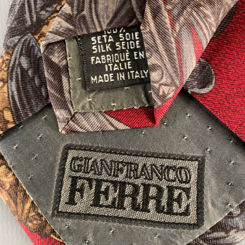 GIANFRANCO FERRE Burgundy Grey Brown Baroque Silk Tie