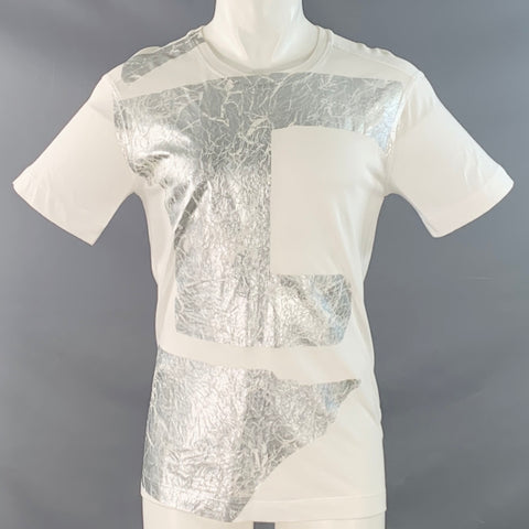 HELMUT LANG Size S White Silver Distressed Graphic Cotton Blend Crew Neck T-shirt