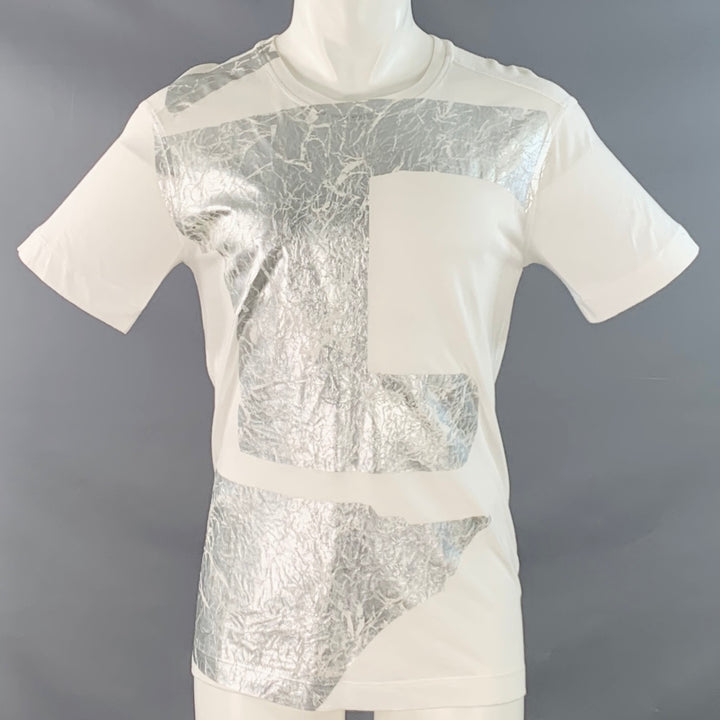 HELMUT LANG Size S White Silver Distressed Graphic Cotton Blend Crew Neck T-shirt