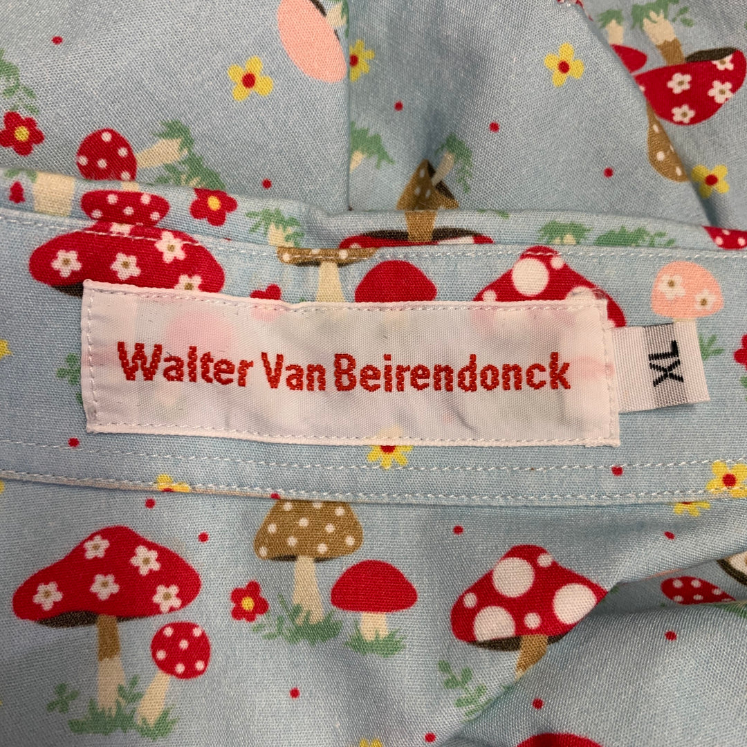 WALTER VAN BEIRENDONCK Size XL Blue Red Cotton Mushrooms One Pocket Long Sleeve Shirt