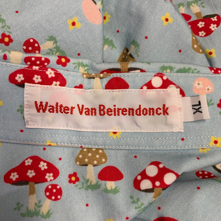 WALTER VAN BEIRENDONCK Size XL Blue Red Cotton Mushrooms One Pocket Long Sleeve Shirt