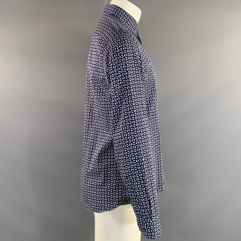 TED BAKER Size L Navy White Geometric Cotton Button Up Long Sleeve Shirt