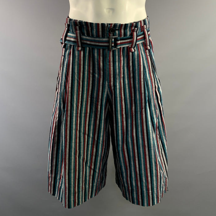 ISSEY MIYAKE Size L Grey Teal & Red Stripe Cotton Belted Shorts