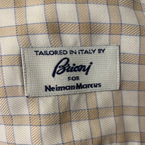 BRIONI Size L White Blue Tan Gingham Cotton Pointed Long Sleeve Shirt
