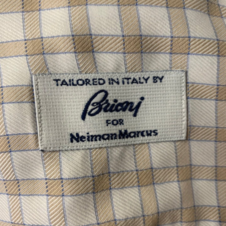 BRIONI Size L White Blue Tan Gingham Cotton Pointed Long Sleeve Shirt