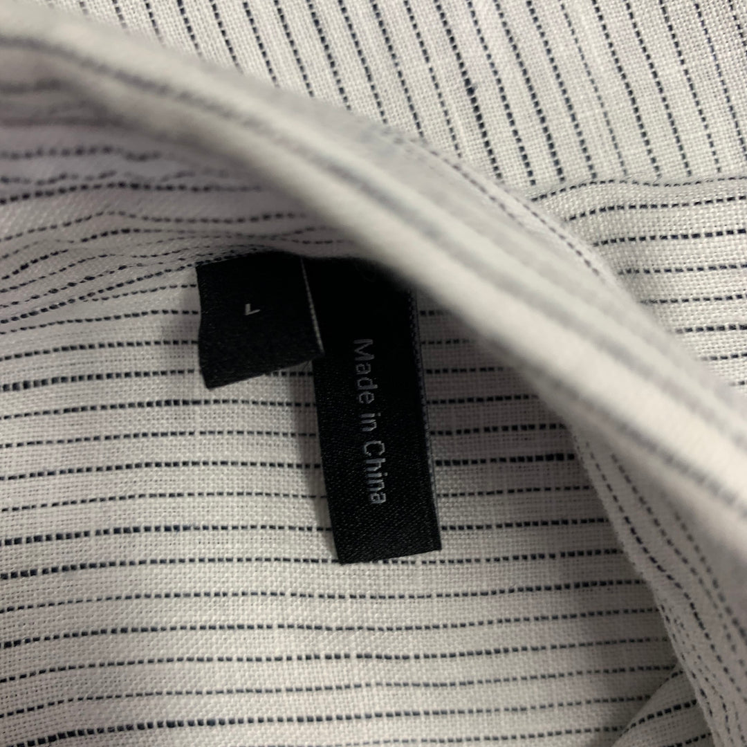 THEORY Size L Irving White Navy Pinstripe Linen Long Sleeve Shirt