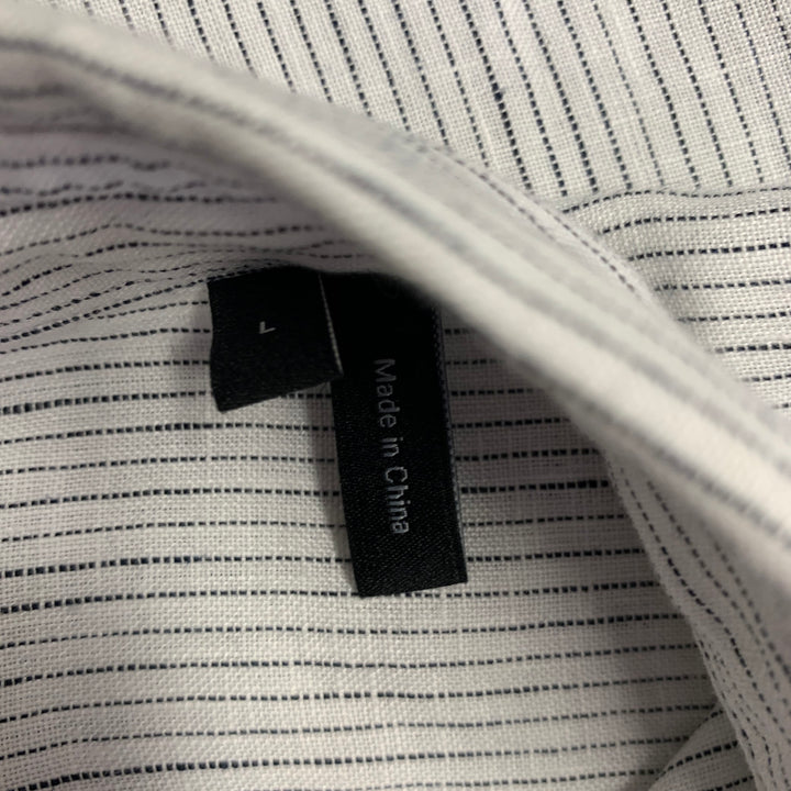 THEORY Size L Irving White Navy Pinstripe Linen Long Sleeve Shirt