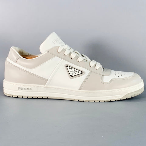 PRADA Size 11 White Grey Color Block Perforated Leather Logo Low Top Sneakers