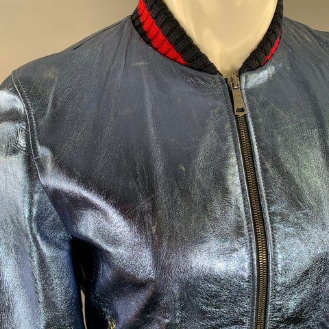 GUCCI Size 36 Blue Metallic Stripe Leather Bomber Jacket