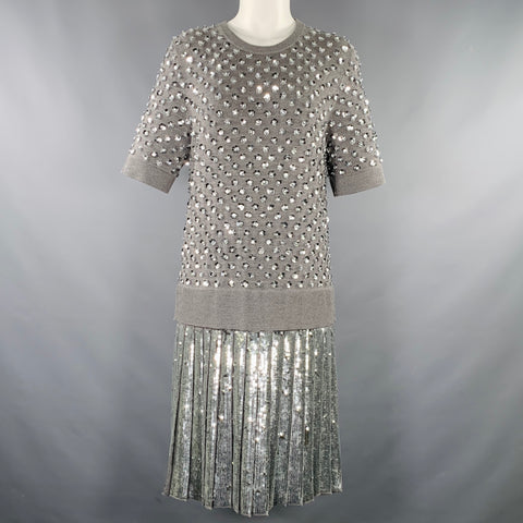 MICHAEL KORS COLLECTION Size L Grey Silver Merino Wool Sequined Pleated Dress