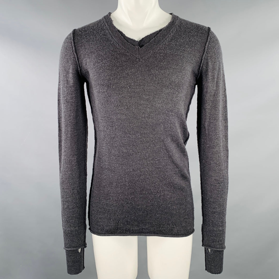 NICE COLLECTIVE Size S Grey Charcoal Knit Merino Wool V-Neck Sweater