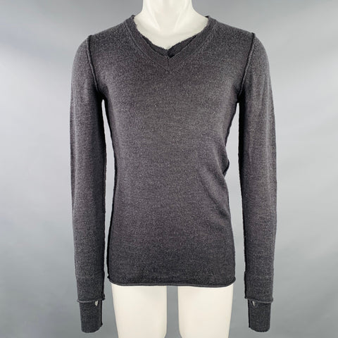 NICE COLLECTIVE Taille S Pull en laine mérinos col en V gris anthracite tricoté