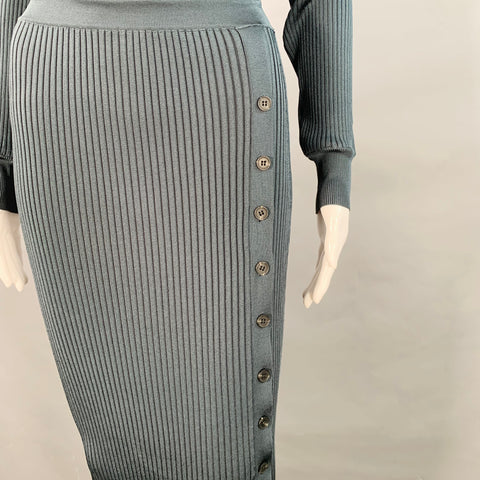 SELF-PORTRAIT Size S Dark Green Grey Viscose Blend Rib Knit Midi Shirt Dress