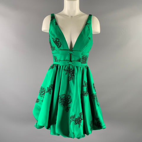 MARCHESA Size 2 Green Black Polyester Floral Bubble Hem Knee-Length Dress