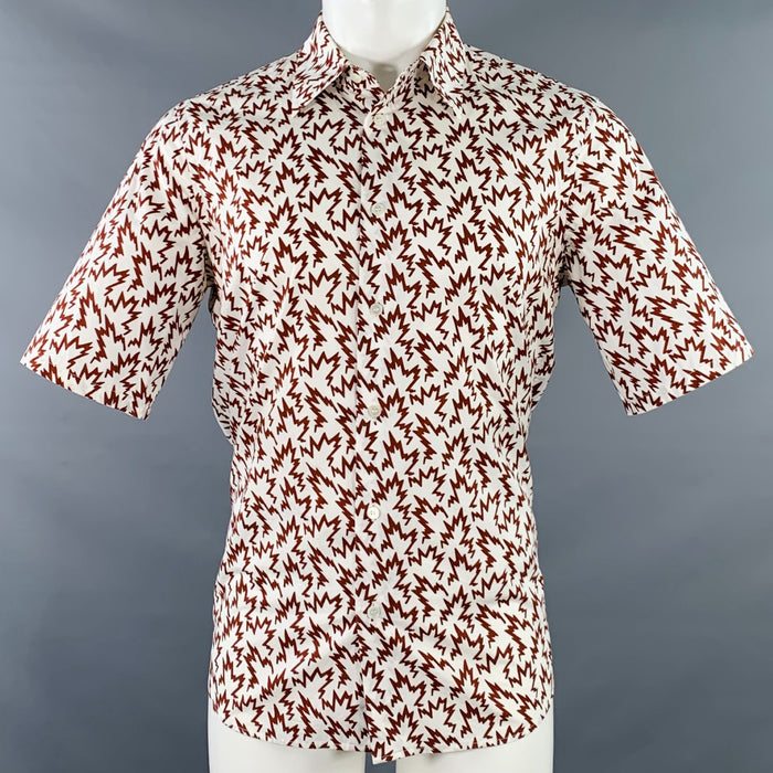 MARNI Size S White Burgundy Abstract Print Cotton Button Up Short Sleeve Shirt