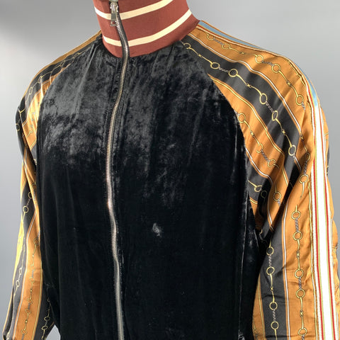 GUCCI Size L Black Gold Burgundy Chain Print Viscose Silk Track Jacket