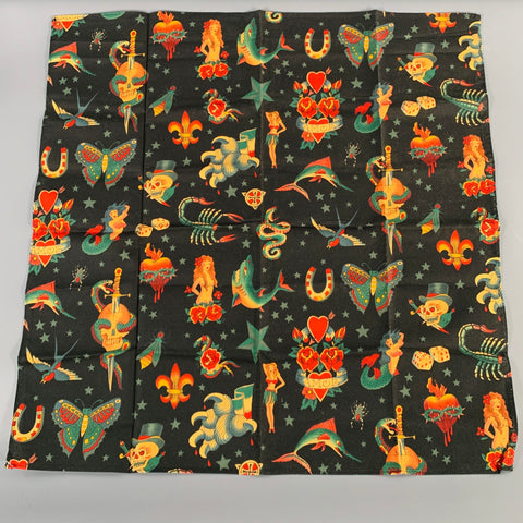 ROCKMOUNT Black Multi Color Tattoo Art Cotton Pocket Square