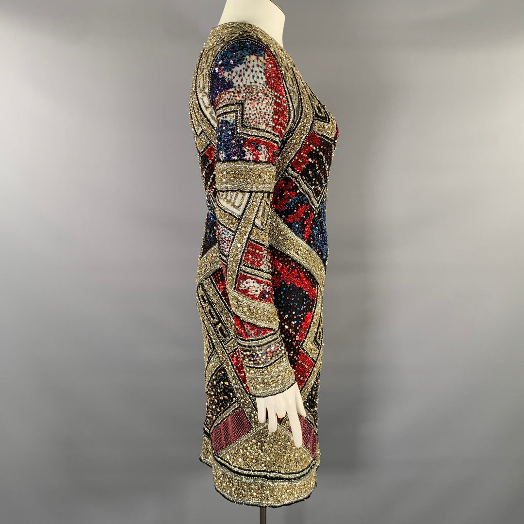 NAEEM KHAN Size 8 Silver Red & Blue Nylon Sequined Midi Cocktail Dress