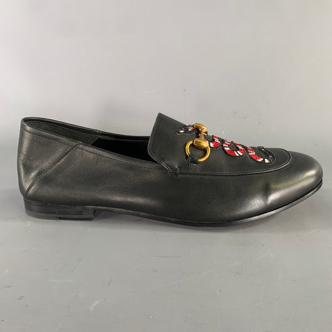 GUCCI Size 12 Black Embroidery Leather Horsebit Loafers