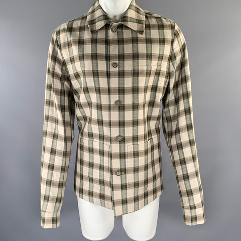 KLEIN EPSTEIN & PARKER Logue Size M Tan Olive Plaid Wool Blend See Through Coat
