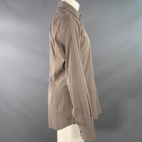 DOLCE & GABBANA Size L Brown White Gingham Cotton Blend Spread Collar Long Sleeve Shirt