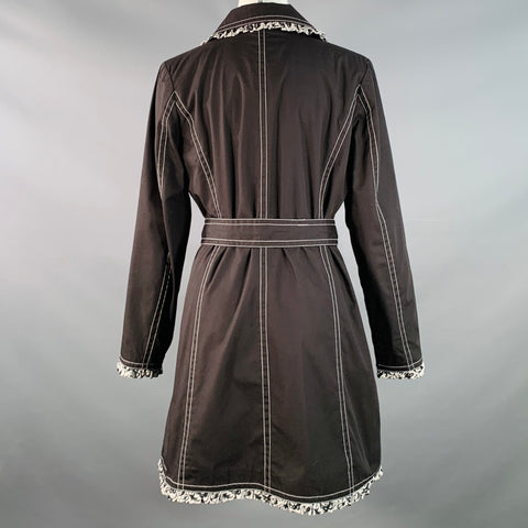 DENNIS BASSO Size XS Black White Cotton Blend Contrast Stitch Belted Coat