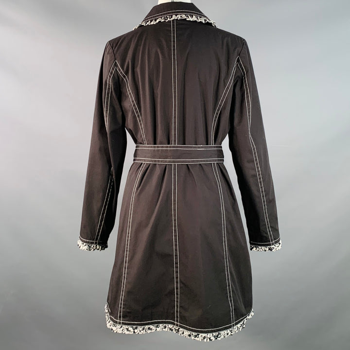 DENNIS BASSO Size XS Black White Cotton Blend Contrast Stitch Belted Coat