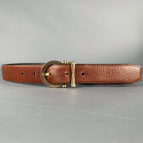 SALVATORE FERRAGAMO Size 34 Brown Black Pebble Grain Leather Belt