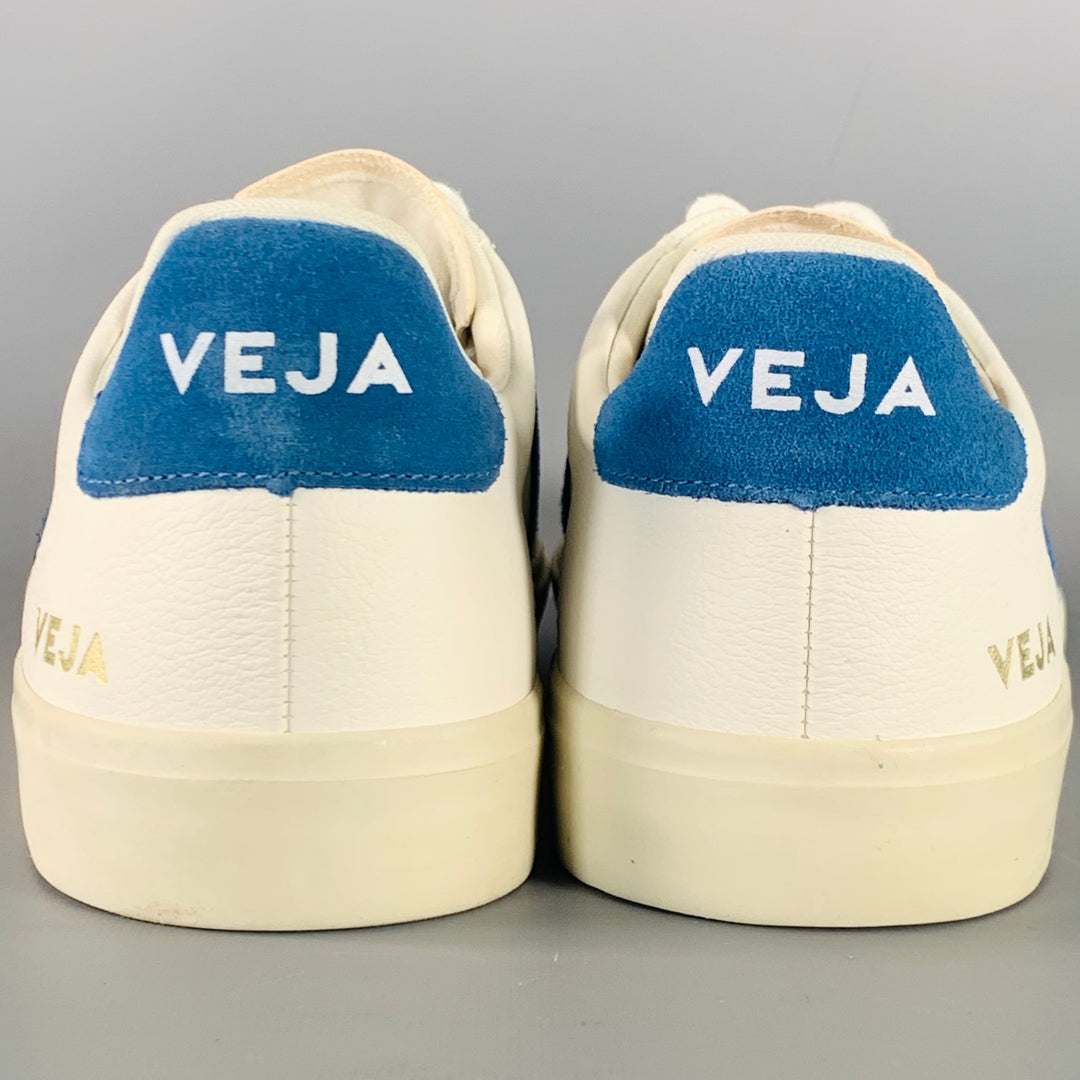 VEJA Size 11 White Blue Leather Low Top Lace-Up Sneakers