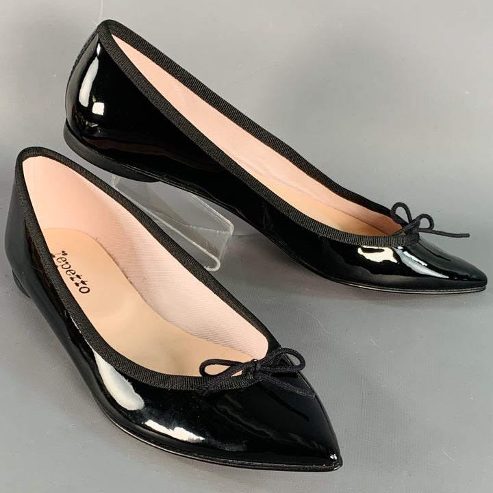 REPETTO Size 9.5 Black Patent Leather Pointed Toe Bow Flats