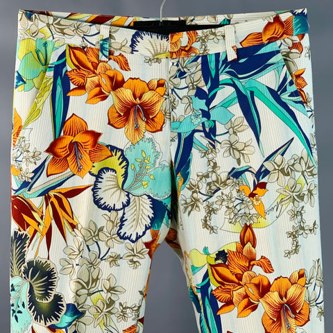 GUCCI Size 32 White Multi-Color Floral Cotton Straight Casual Pants