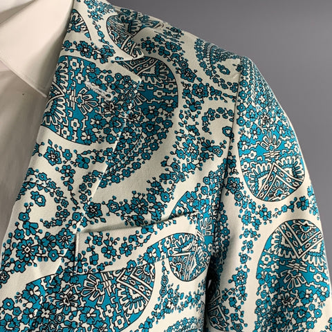 MR TURK Chest Size 40 White Blue Paisley Cotton Blend Notch Lapel 34 28 Suit