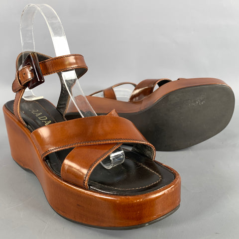 PRADA Size 8 Brown Black Leather Slingback Wedges