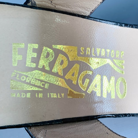 SALVATORE FERRAGAMO Size 9 Black Gold Snake Embossed Chunky Heel Slingback Sandals