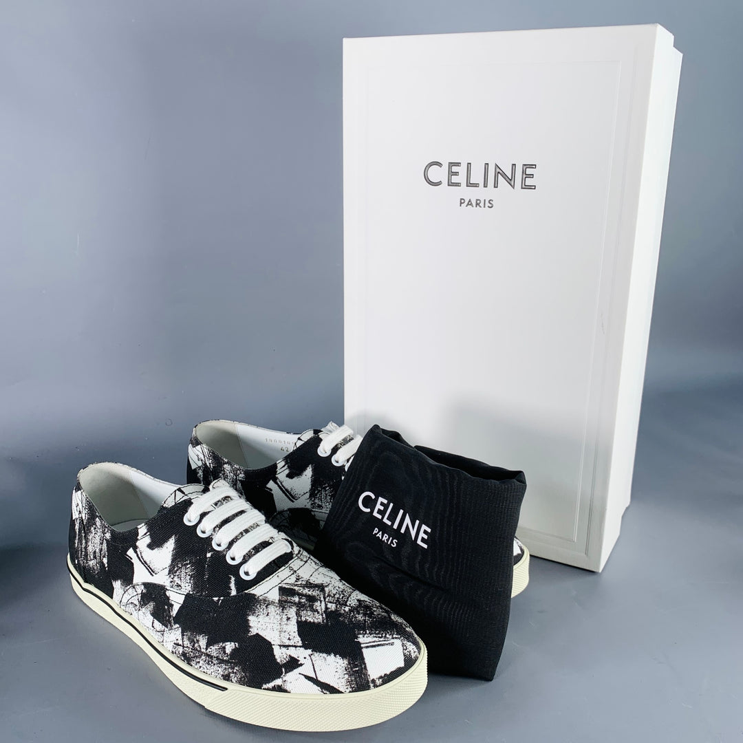 CELINE Fall 2019 Size 9 Black White Marbled Canvas Lace-Up Sneakers