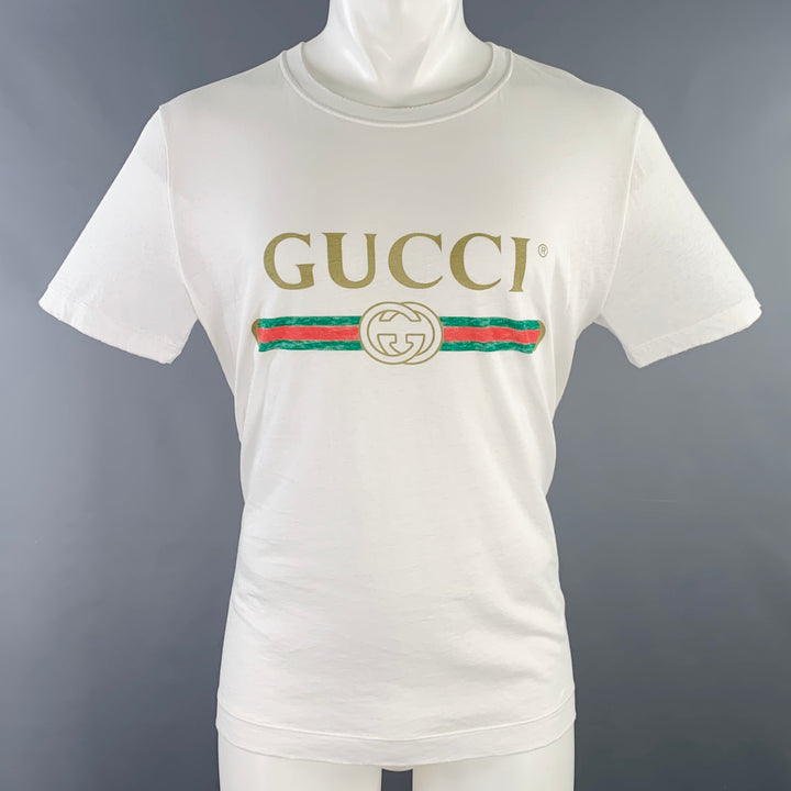 GUCCI Size S White Red Green Logo Cotton Crew-Neck T-shirt
