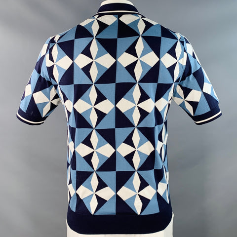 DOLCE & GABBANA Size L Blue White Graphic Geometric Silk Short Sleeve Polo