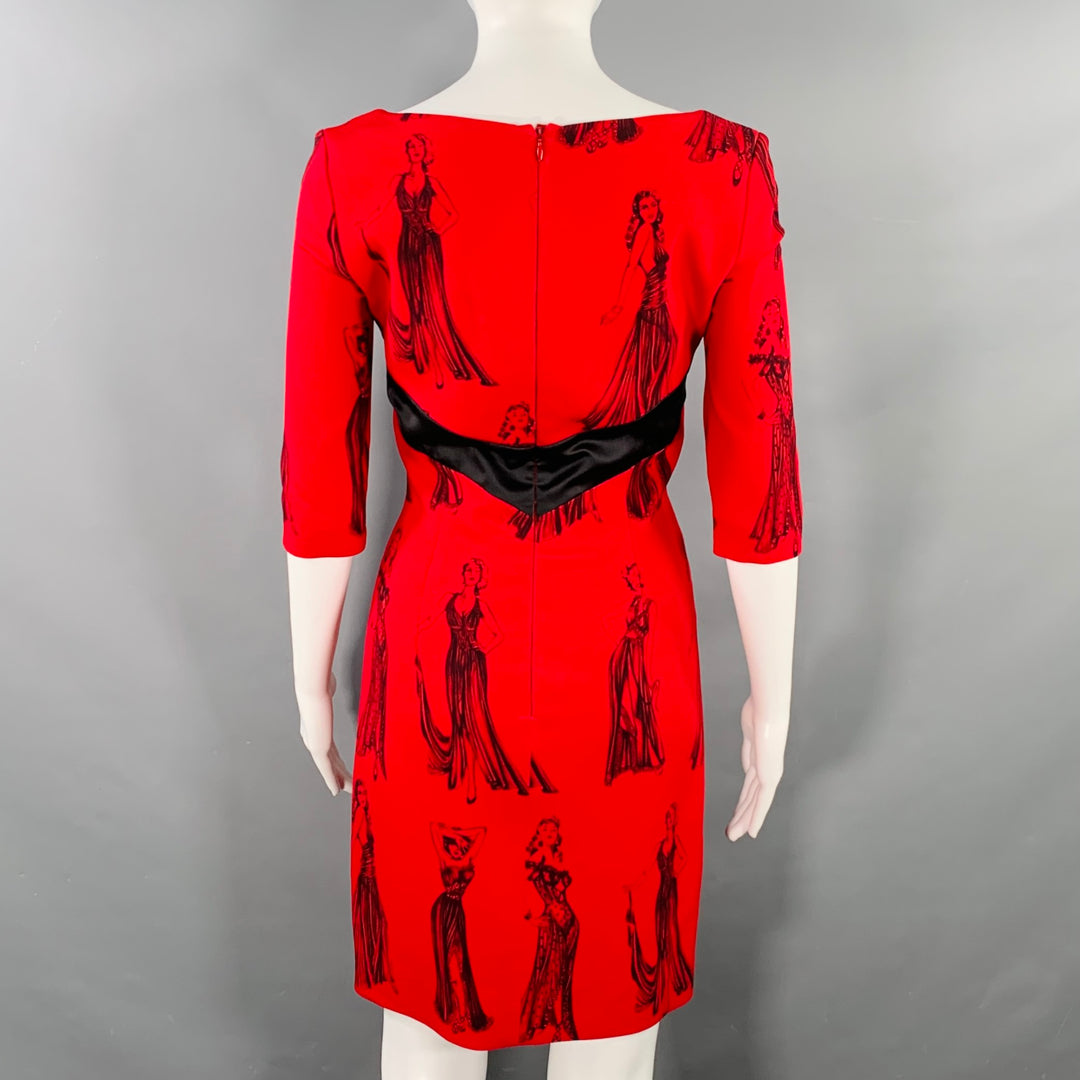 MOSCHINO Size 6 Red Black Viscose Blend Figures Bow Cocktail Dress