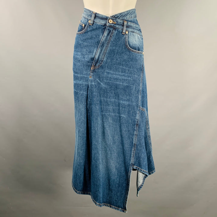 LOEWE Size 32 Blue Cotton Contrast Stitch Deconstructed Denim Midi Y2K Skirt