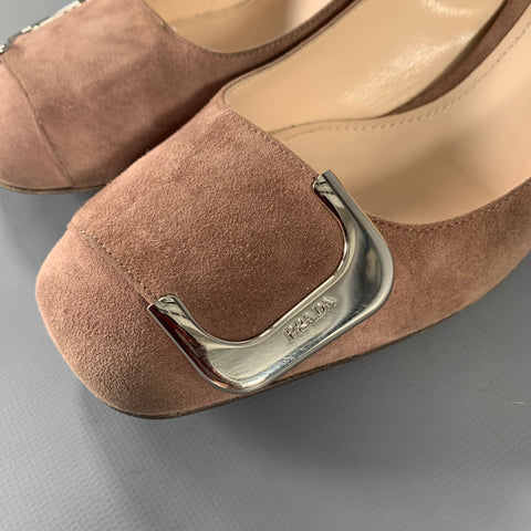 PRADA Size 8.5 Khaki Silver buckle Suede Pumps