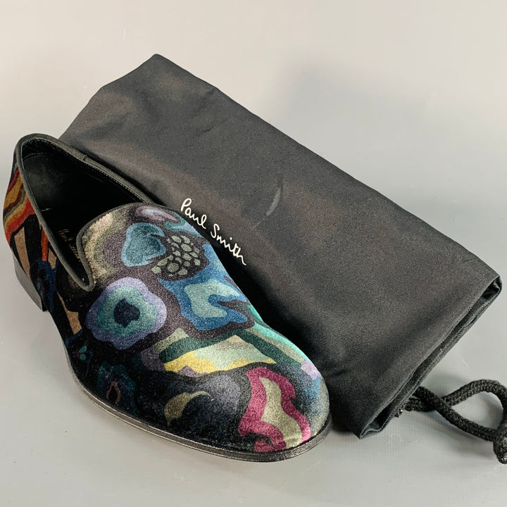PAUL SMITH Size 8 Black Multi Color Abstract Print Velvet Slip On Loafers