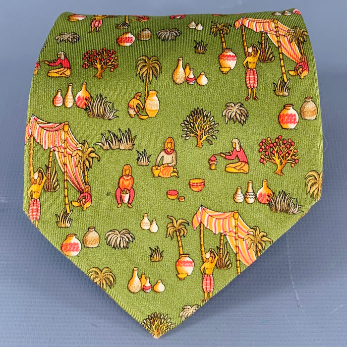 SALVATORE FERRAGAMO Green Red Figures Silk Tie