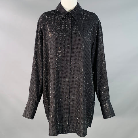 Chemise boutonnée noire en viscose ornée de perles à col étalé RETROFETE Taille S